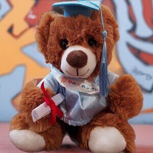 Plush Bear Graduation Baby Blue Cap and Gown Diploma 10 Inch